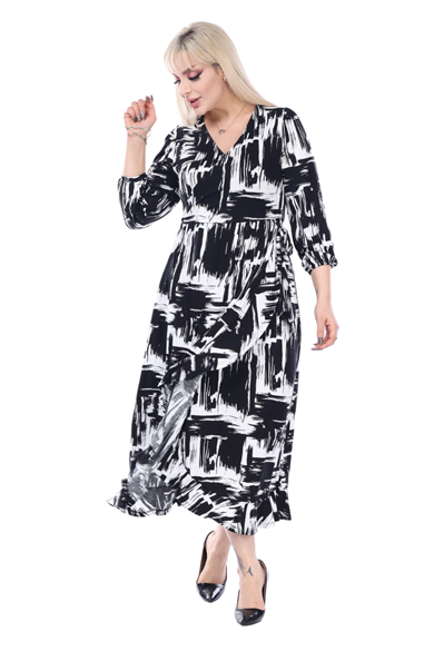 Melsay Butik Siyah Beyaz Kruvaze Yaka Fırça Desen Anvelop Midi Elbise