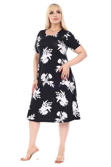 Melsay Butik Siyah Beyaz Yaprak Desen Kısa Kollu Büyük Beden Midi Elbise
