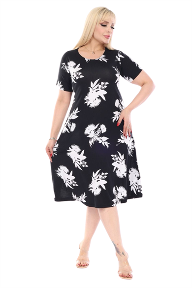 Melsay Butik Siyah Beyaz Yaprak Desen Kısa Kollu Büyük Beden Midi Elbise