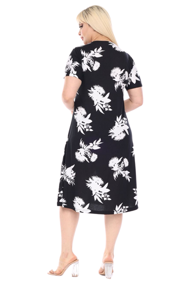 Melsay Butik Siyah Beyaz Yaprak Desen Kısa Kollu Büyük Beden Midi Elbise