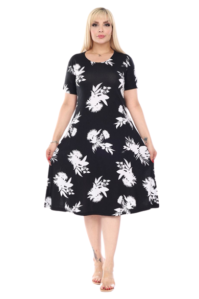 Melsay Butik Siyah Beyaz Yaprak Desen Kısa Kollu Büyük Beden Midi Elbise