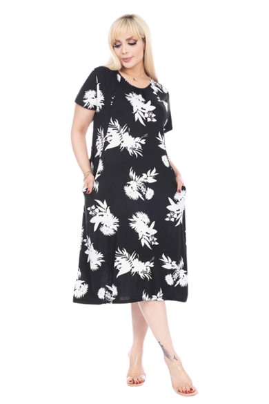 Melsay Butik Siyah Beyaz Yaprak Desen Kuplu Cepli Kısa Kol Kadın Midi Elbise