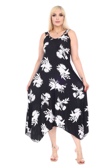 Melsay Butik Siyah Beyaz Yaprak Desen Askılı V Yaka Elbise
