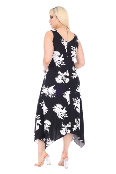 Melsay Butik Siyah Beyaz Yaprak Desen Askılı V Yaka Elbise