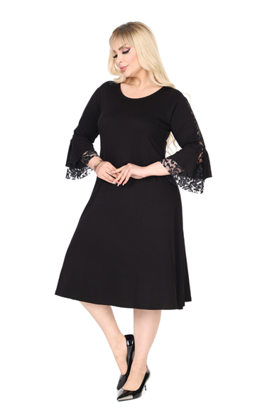 Melsay Butik Siyah Bisiklet Yaka Truvakar Kol Dantel Detaylı Abiye Elbise