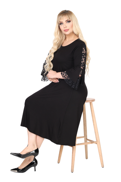 Melsay Butik Siyah Bisiklet Yaka Truvakar Kol Dantel Detaylı Abiye Elbise