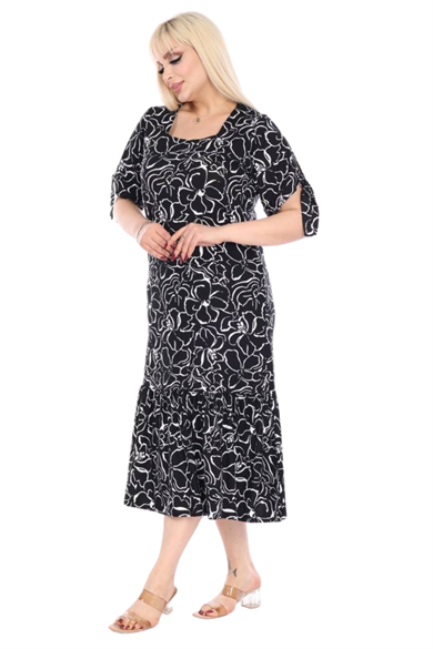 Melsay Butik Siyah Çiçek Desen Kolları Bağlamalı Kısa Kollu Kadın Midi Elbise