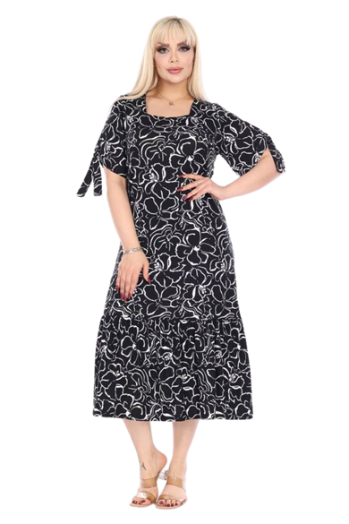 Melsay Butik Siyah Çiçek Desen Kolları Bağlamalı Kısa Kollu Kadın Midi Elbise