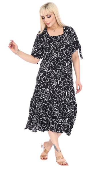 Melsay Butik Siyah Çiçek Desen Kolları Bağlamalı Kısa Kollu Kadın Midi Elbise