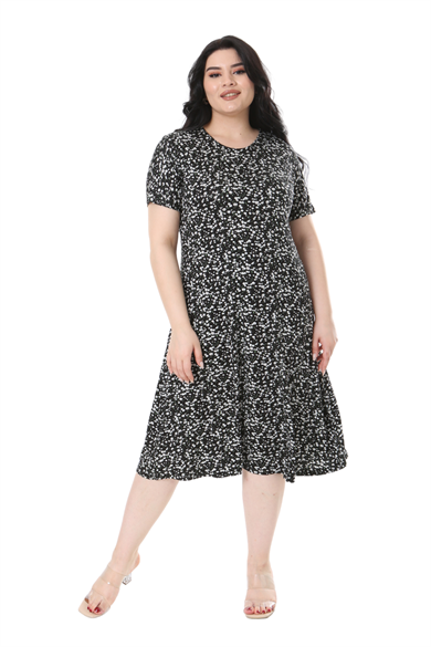 Melsay Butik Siyah Çıtır Desen Kısa Kollu Büyük Beden Midi Elbise