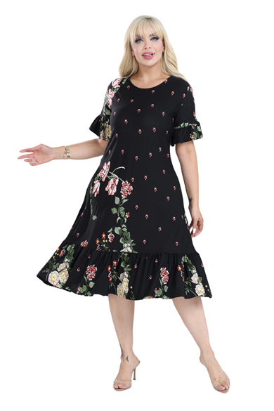 Melsay Butik Siyah Eteği Fırfırlı Sulu Pembe Çiçek Desen Cepli Kadın Elbise