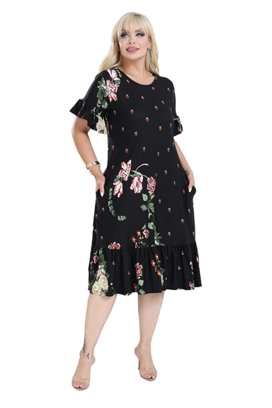 Melsay Butik Siyah Eteği Fırfırlı Sulu Pembe Çiçek Desen Cepli Kadın Elbise