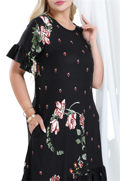 Melsay Butik Siyah Eteği Fırfırlı Sulu Pembe Çiçek Desen Cepli Kadın Elbise