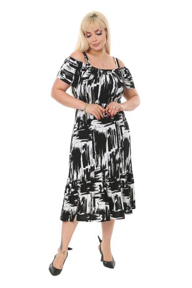 Melsay Butik Siyah Fırça Desen Askılı Madonna Yaka Midi Elbise