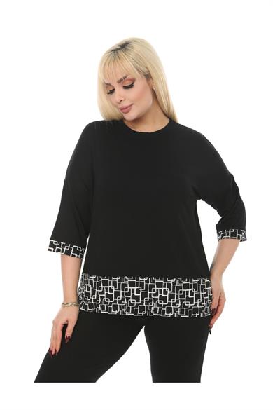 Melsay Butik Siyah Kare Şeritli Büyük Beden Kadın Kapri Takımı