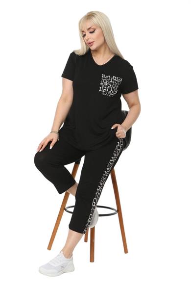 Melsay Butik Siyah Kareli Cep Büyük Beden Kadın Kapri Takımı