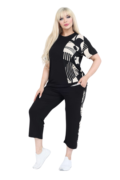 Melsay Butik Siyah Kısa Kol Yarım Barok Desen Viskon Kapri Takım