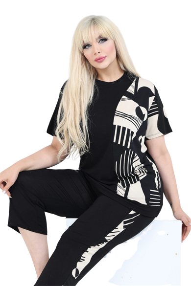Melsay Butik Siyah Kısa Kol Yarım Barok Desen Viskon Kapri Takım
