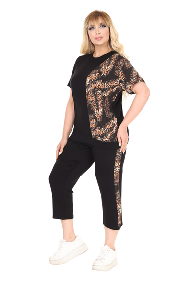 Melsay Butik Siyah Kısa Kol Yarım Başak Garnili Viskon Kapri Takım