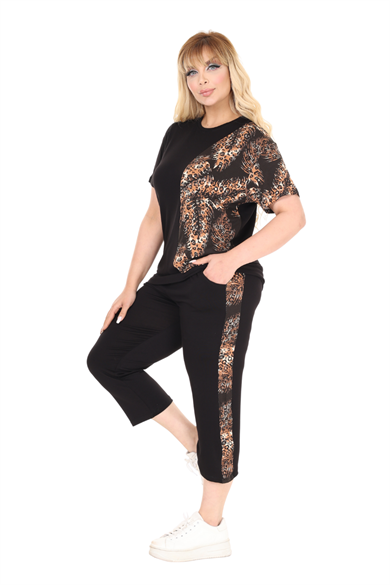 Melsay Butik Siyah Kısa Kol Yarım Başak Garnili Viskon Kapri Takım