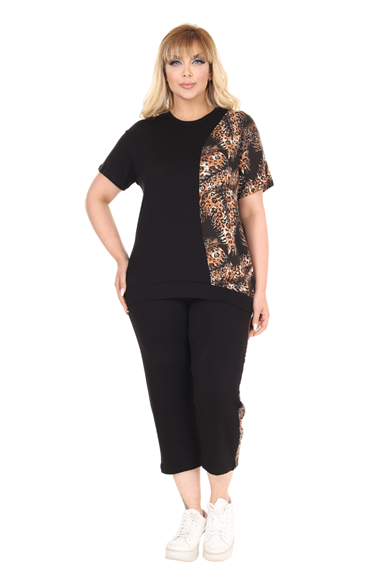 Melsay Butik Siyah Kısa Kol Yarım Başak Garnili Viskon Kapri Takım