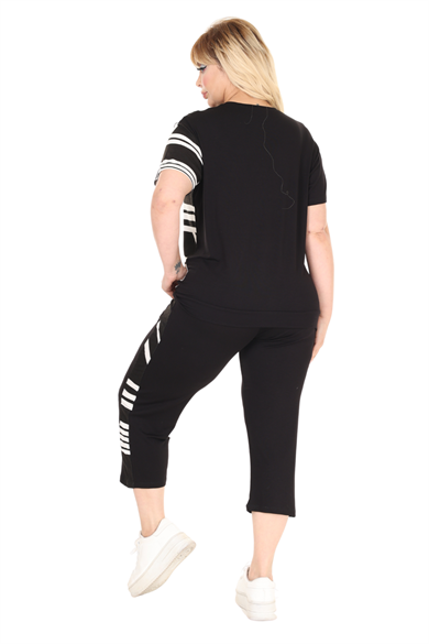 Melsay Butik Siyah Kısa Kol Yarım Çizgi Garnili Viskon Kapri Takım
