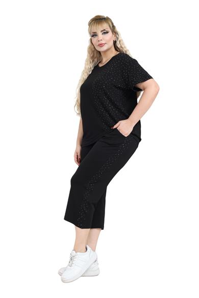 Melsay Butik Siyah Kısa Kol Yarım Taş Baskılı Viskon Kapri Takım