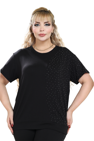 Melsay Butik Siyah Kısa Kol Yarım Taş Baskılı Viskon Kapri Takım