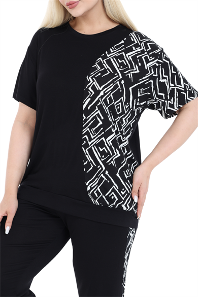 Melsay Butik Siyah Kısa Kol Yarım Zigzag Garnili Viskon Kapri Takım