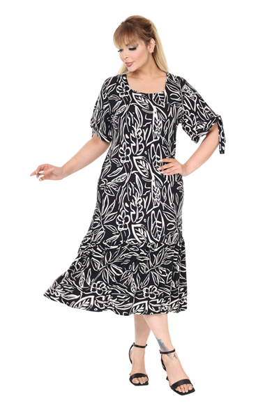 Melsay Butik Siyah Kolları Bağlamalı Kısa Kollu Yaprak Desen Elbise