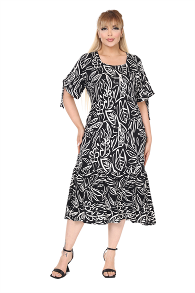Melsay Butik Siyah Kolları Bağlamalı Kısa Kollu Yaprak Desen Elbise