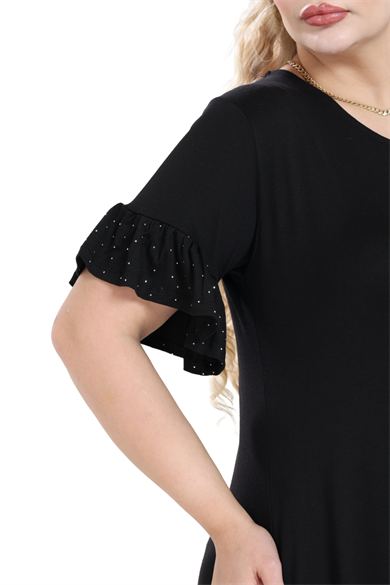 Melsay Butik Siyah Kolları Taş Baskılı Fırfırlı Kısa Kollu Kadın Midi Elbise