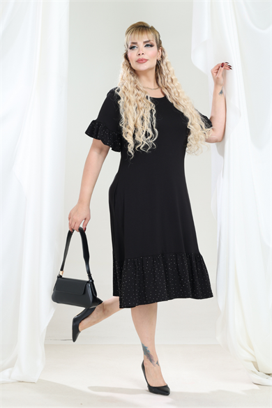 Melsay Butik Siyah Kolları Taş Baskılı Fırfırlı Kısa Kollu Kadın Midi Elbise
