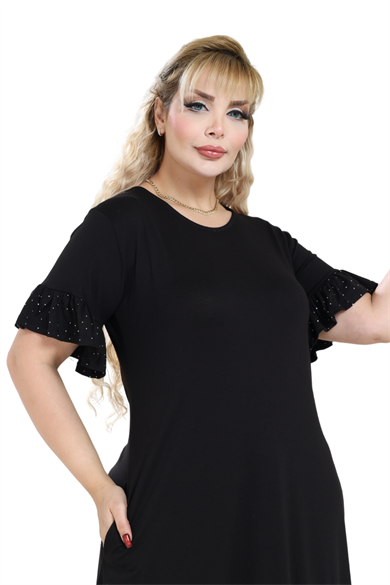 Melsay Butik Siyah Kolları Taş Baskılı Fırfırlı Kısa Kollu Kadın Midi Elbise