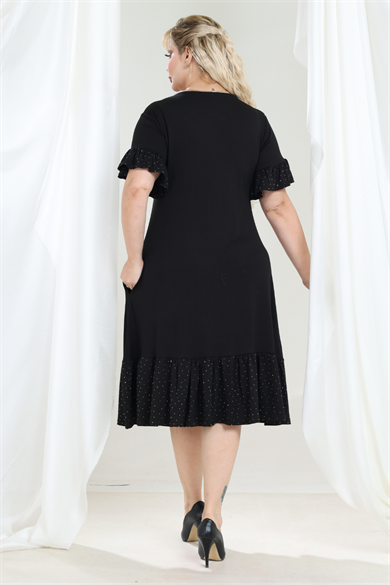Melsay Butik Siyah Kolları Taş Baskılı Fırfırlı Kısa Kollu Kadın Midi Elbise