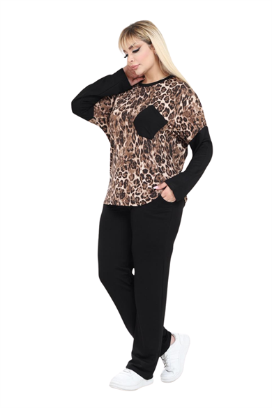 Melsay Butik Siyah Leopar Desen Çapraz Cep Detaylı Eşofman Takımı