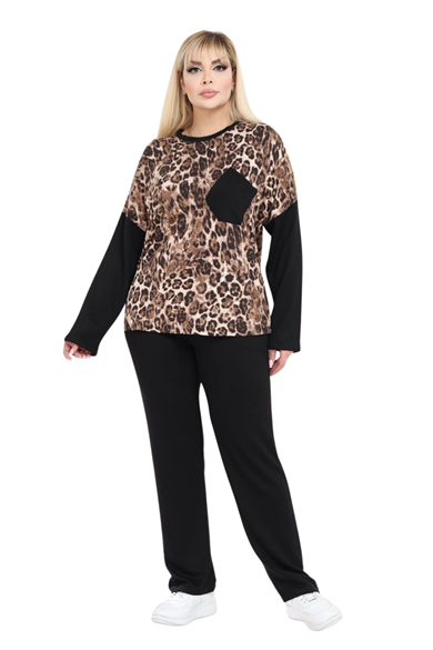 Melsay Butik Siyah Leopar Desen Çapraz Cep Detaylı Eşofman Takımı
