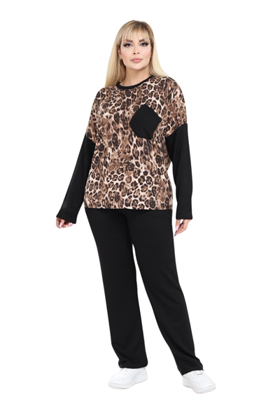 Melsay Butik Siyah Leopar Desen Çapraz Cep Detaylı Eşofman Takımı