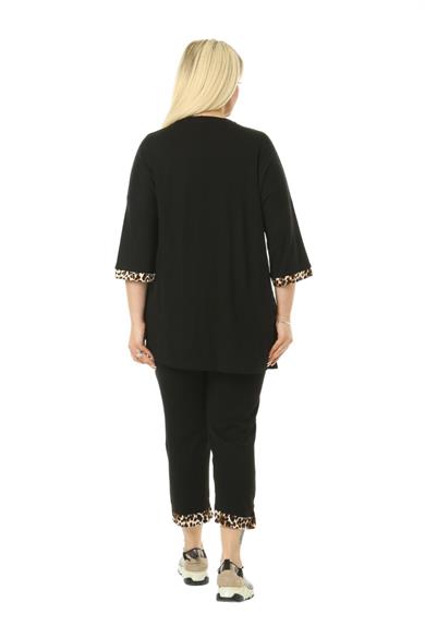 Melsay Butik Siyah Leopar Şeritli Büyük Beden Kadın Kapri Takımı