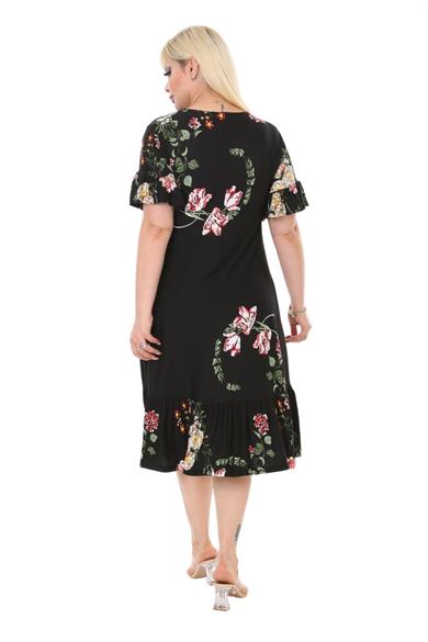 Melsay Butik Siyah Pembe Çiçekli Fırfır Detaylı Kısa Kollu Midi Elbise