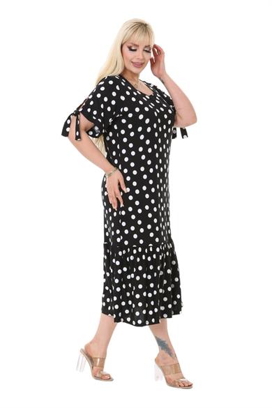Melsay Butik Siyah Puanlı Bağlamalı Kısa Kollu Kadın Midi Elbise