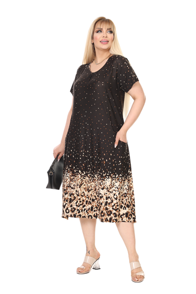 Melsay Butik Siyah Puanlı Eteği Leopar Desen Kuplu Cepli Kısa Kol Kadın Midi Elbise