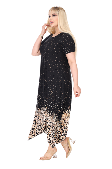 Melsay Butik Siyah Puanlı Eteği Leopar Desen Asimetrik Kısa Kollu Elbise