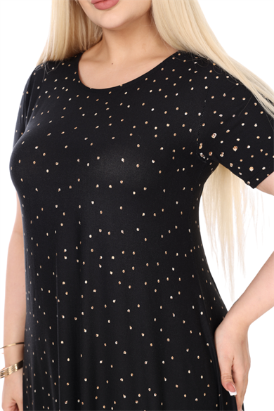 Melsay Butik Siyah Puanlı Eteği Leopar Desen Asimetrik Kısa Kollu Elbise