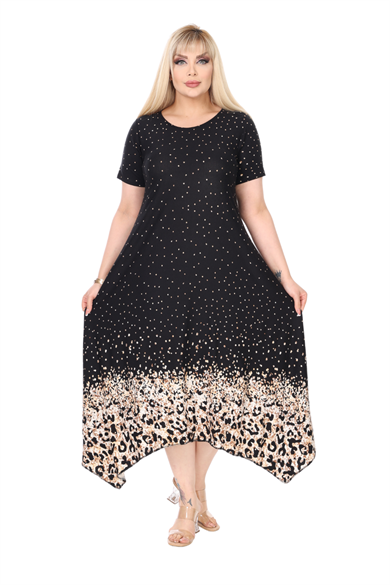 Melsay Butik Siyah Puanlı Eteği Leopar Desen Asimetrik Kısa Kollu Elbise