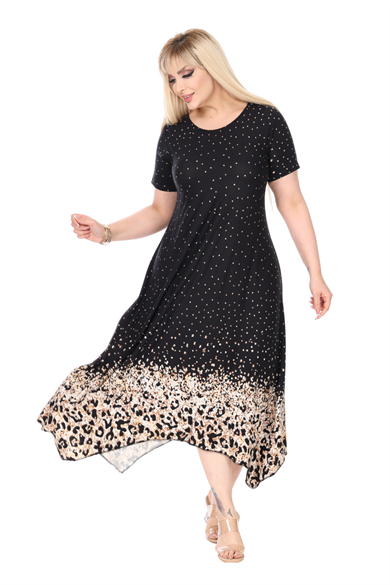 Melsay Butik Siyah Puanlı Eteği Leopar Desen Asimetrik Kısa Kollu Elbise