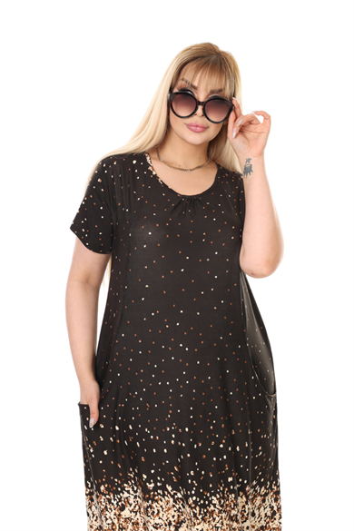 Melsay Butik Siyah Puanlı Eteği Leopar Desen Kuplu Cepli Kısa Kol Kadın Midi Elbise