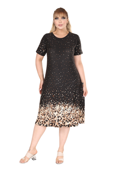 Melsay Butik Siyah Puanlı Leopar Desen A Kesim Midi Elbise
