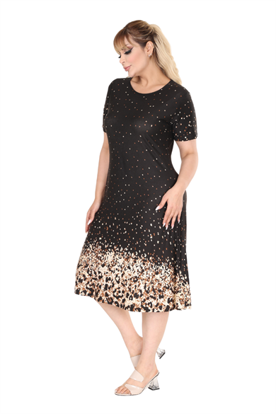 Melsay Butik Siyah Puanlı Leopar Desen A Kesim Midi Elbise