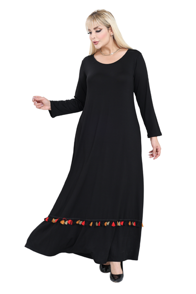 Melsay Butik Siyah Renkli Püskül Detaylı Uzun Elbise